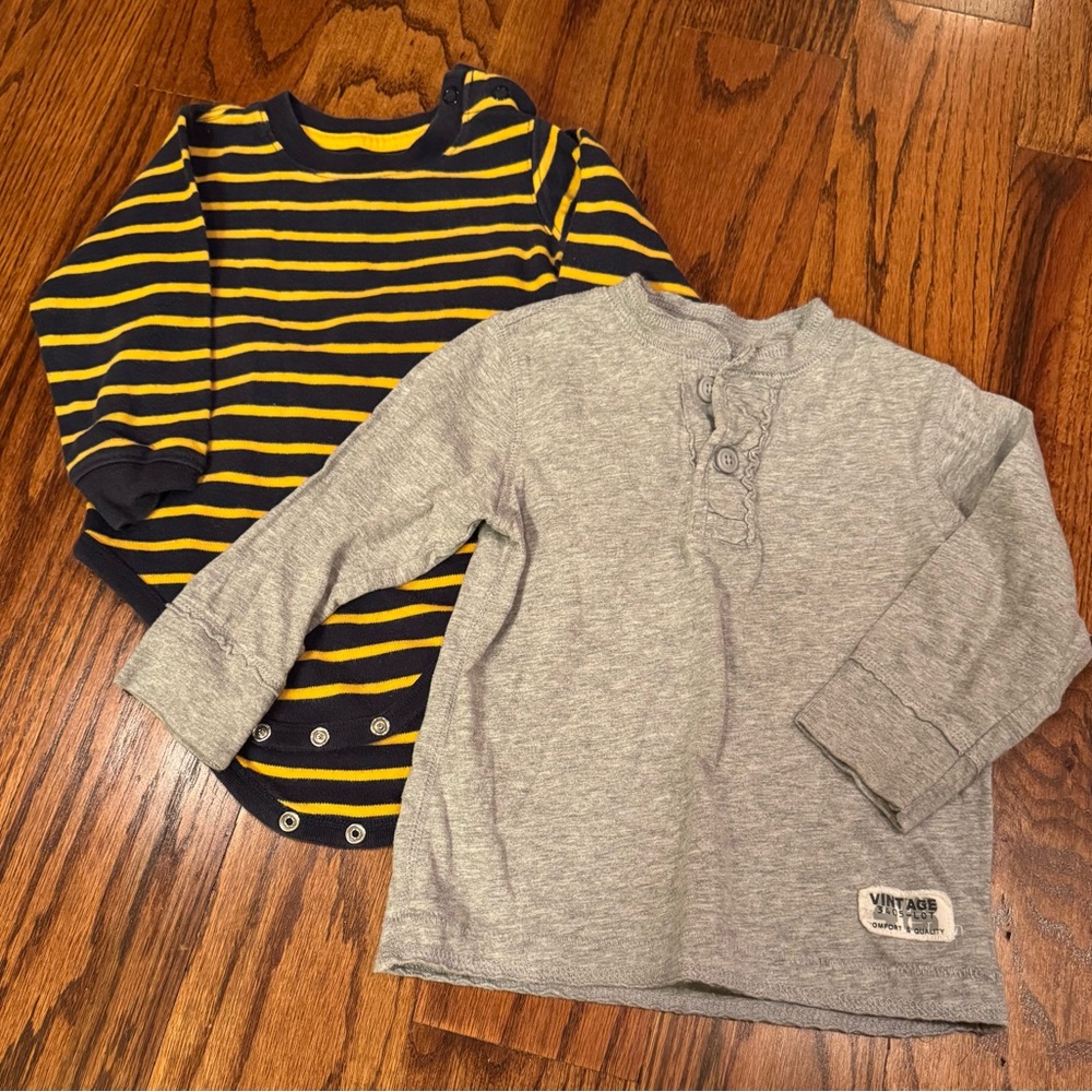 18M Osh Kosh Navy and Yellow Striped One Piece & Koala KidsGray Long Sleeve Tee
